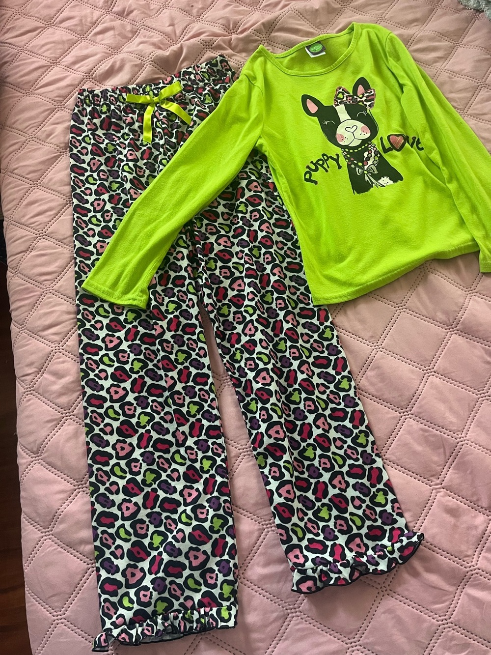 Dollie & Me Lime Green Puppy Pajama Set with Leopard Print Pants